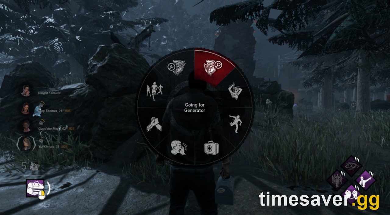 The Dead by Daylight Player Intent wheel open in a match, showing eight message segments with Going for Generator highlighted in the centre