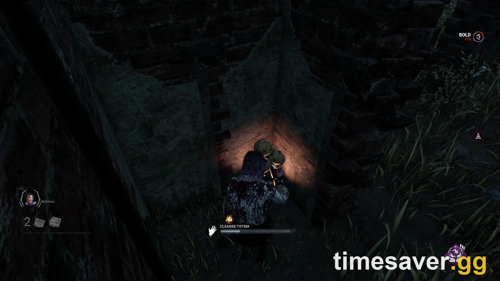 A Dead by Daylight Survivor performing the Cleanse Totem interaction on a Dull Totem, with the cleansing progress bar visible on screen