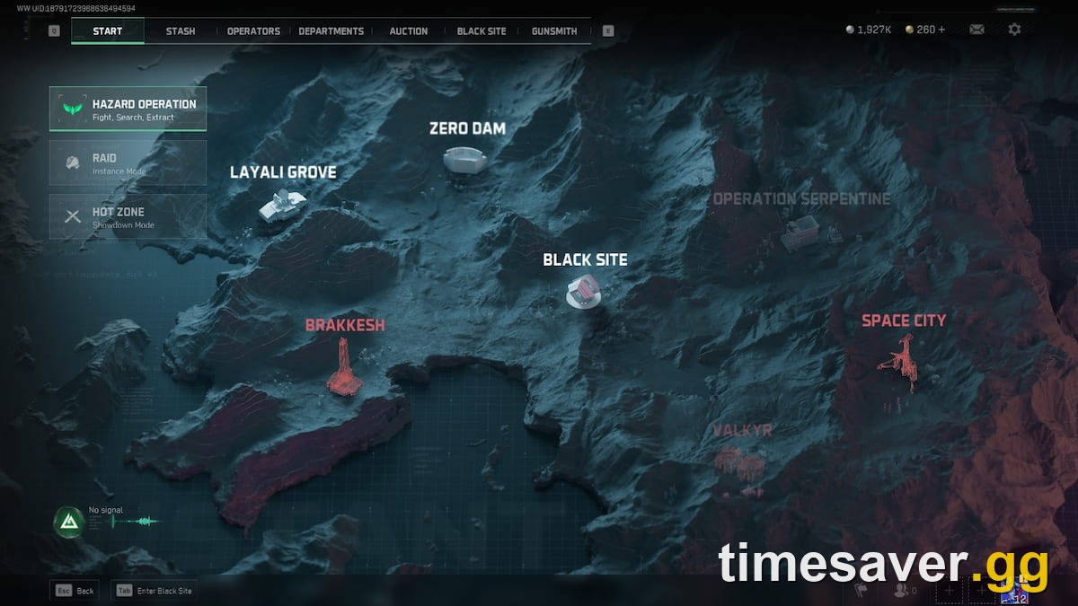 Delta Force Operations hazard-map selection screen showing Zero Dam, Layali Grove, Brakkesh, Black Site and Space City — the raids that feed the Auction House