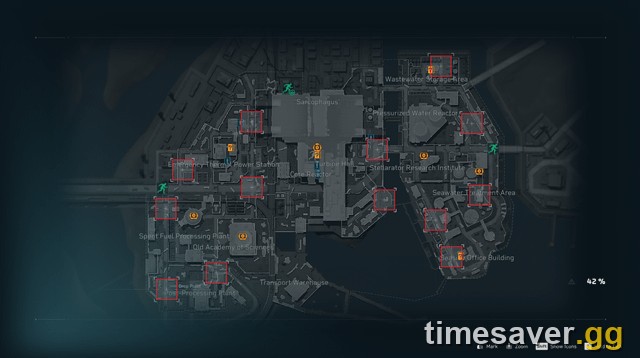 Annotated Delta Force AZ3 Nuclear Plant map showing named sub-locations and spawn markers
