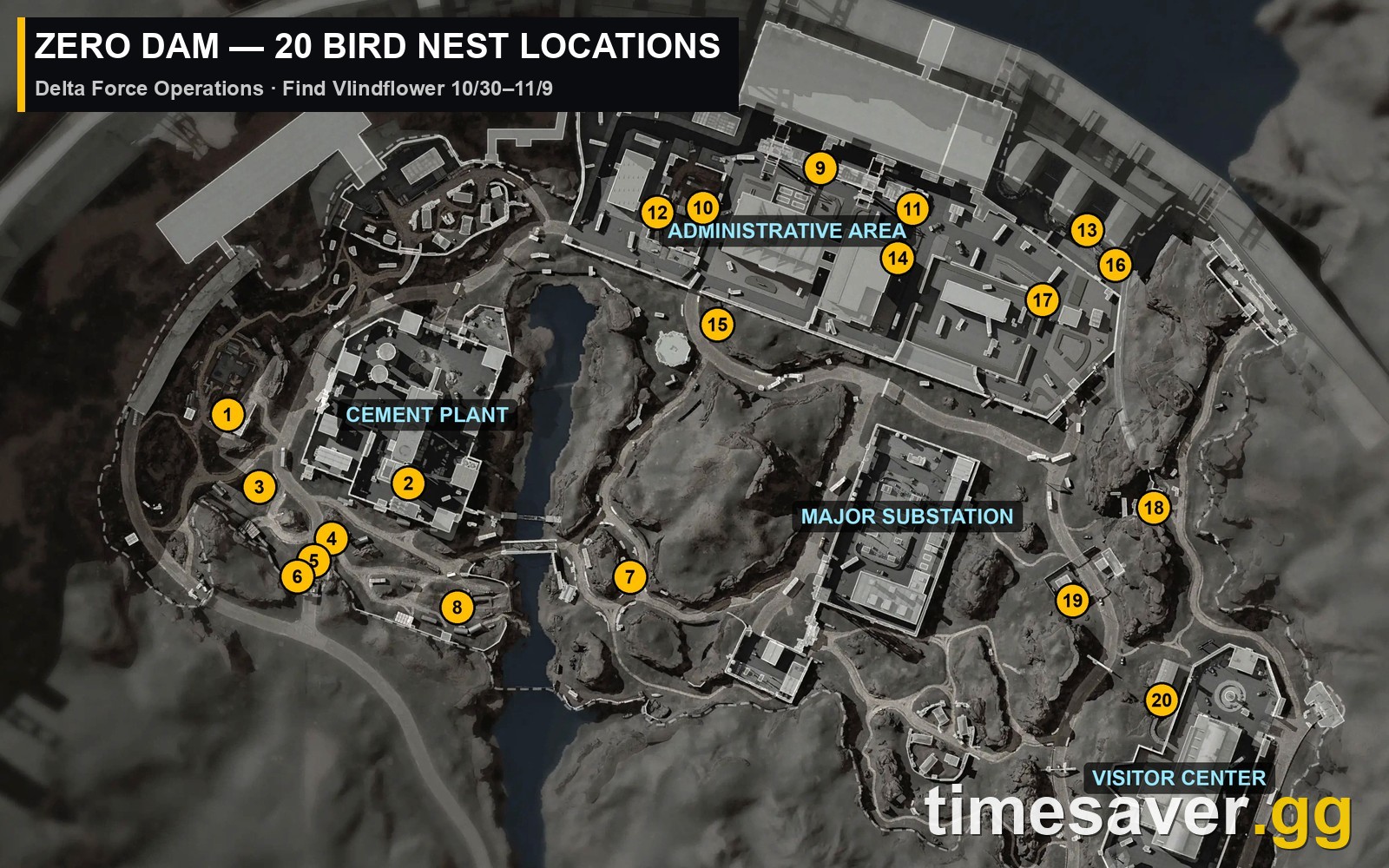 Annotated Delta Force Zero Dam map with all 20 bird nest locations numbered around the Cement Plant, Administrative Area, Major Substation and Visitor Center