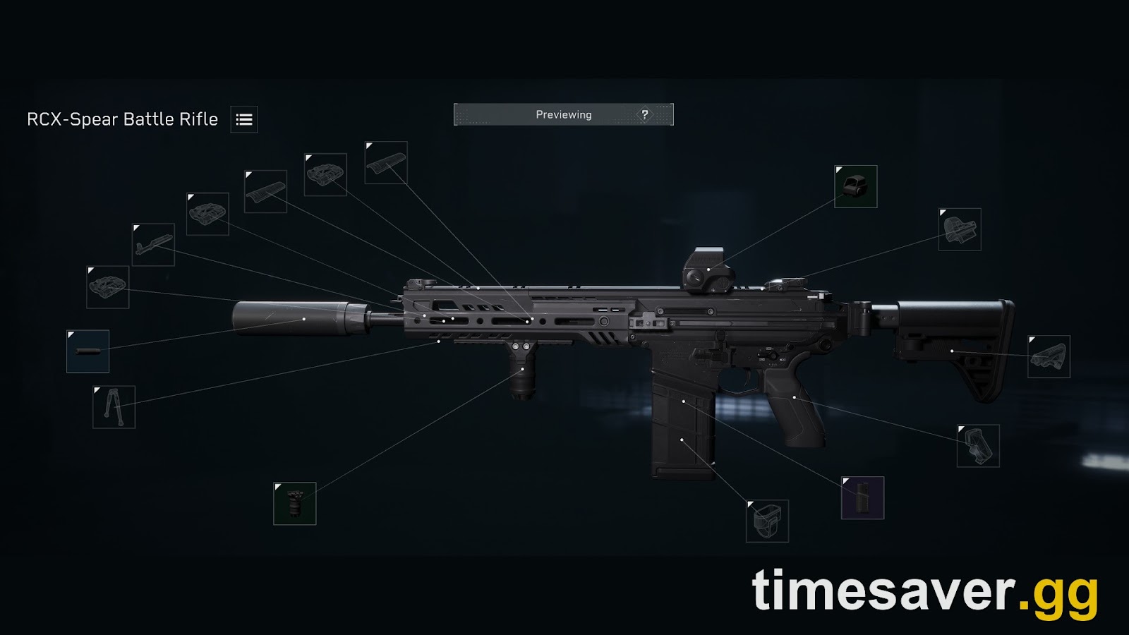 Official Delta Force Gunsmith screen previewing the RCX-Spear Battle Rifle with every attachment slot linked to the gun