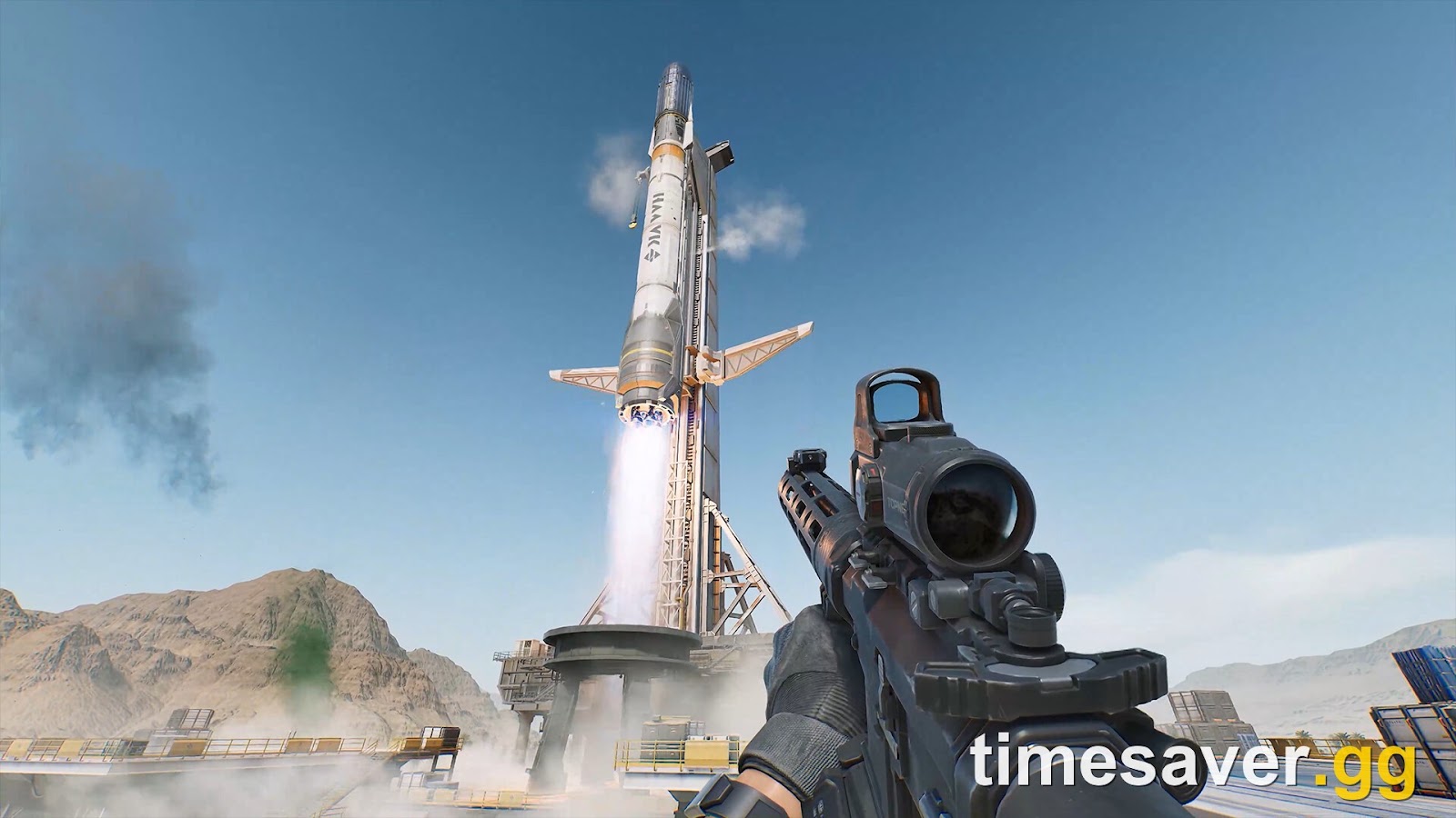 Official Delta Force screenshot: first-person view down a scoped rifle as a rocket lifts off from a desert launch pad