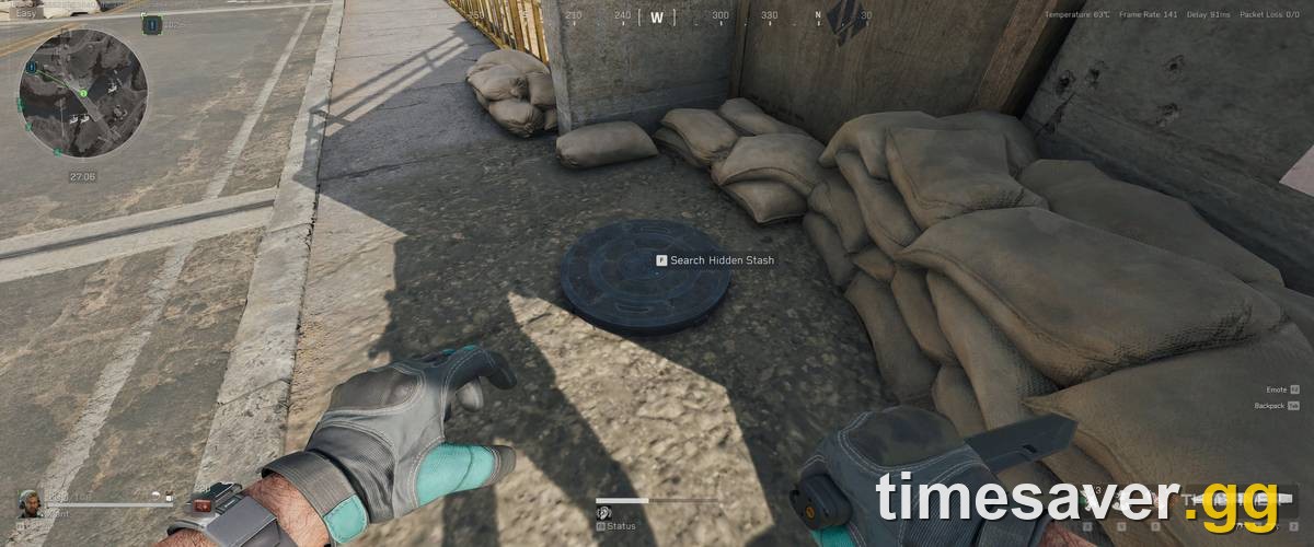 Delta Force Operations — a player about to Search Hidden Stash, the core loop that earns Tekniq Alloy