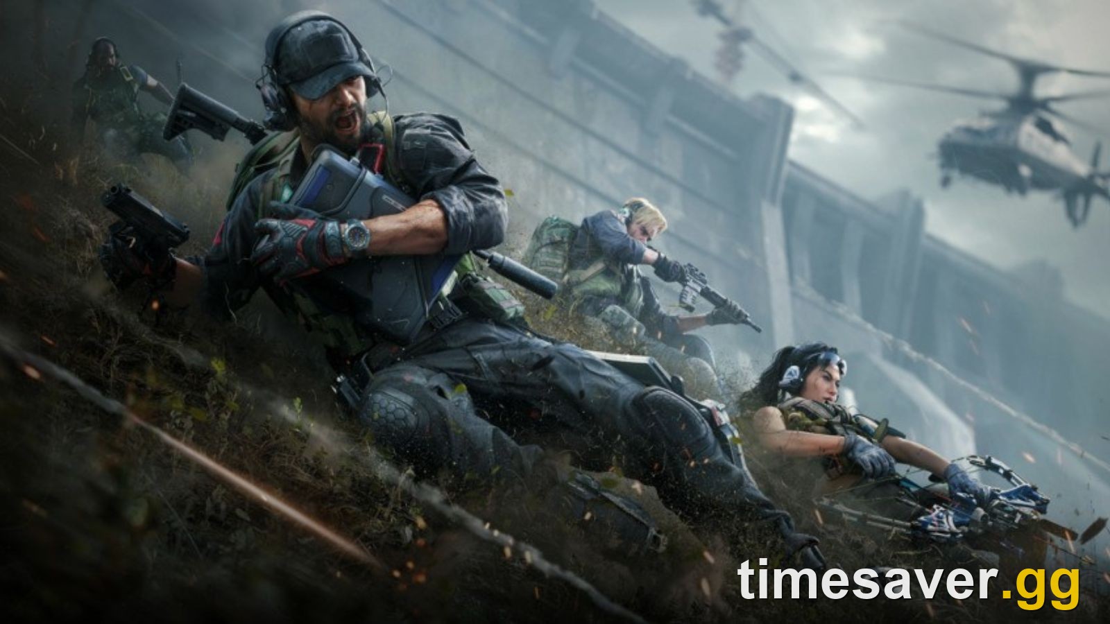 Delta Force Operations squad moving on the Zero Dam concrete structure with a helicopter overhead — official Team Jade art