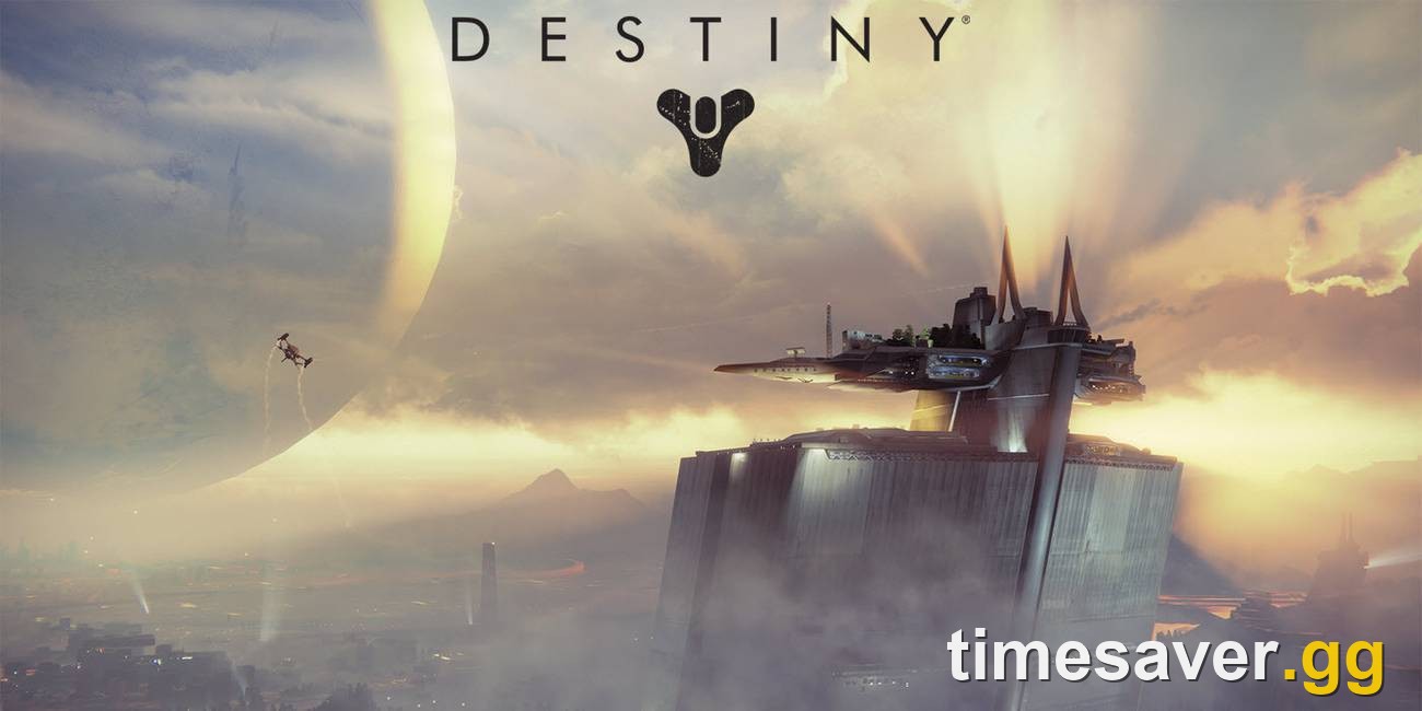 Destiny Tower and the Traveler at sunset