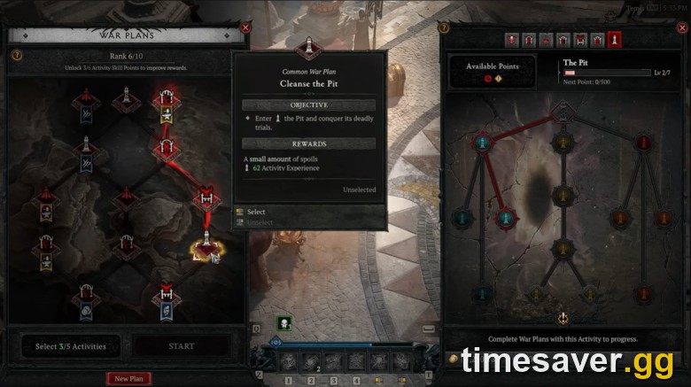 Diablo 4 Season 15 Pit War Plans tree showing The Pit activity and Choron's Blessing node
