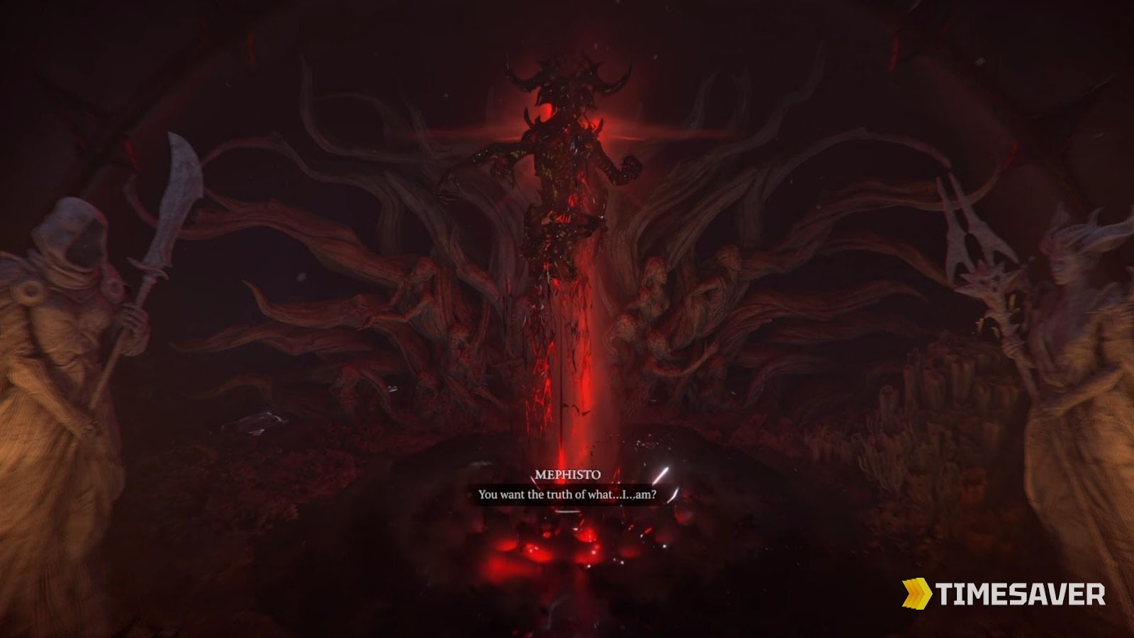 Diablo 4 Echo of Mephisto boss encounter at The Birthplace — the Lord of Hatred in demon form with the MEPHISTO nameplate on screen