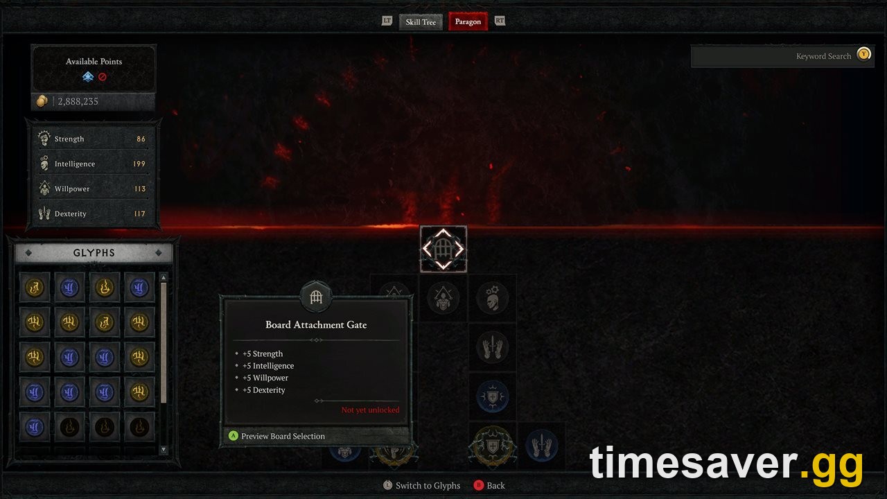 Diablo 4 Paragon board and Glyphs UI — the endgame progression screen you race to fill before Season 14 ends