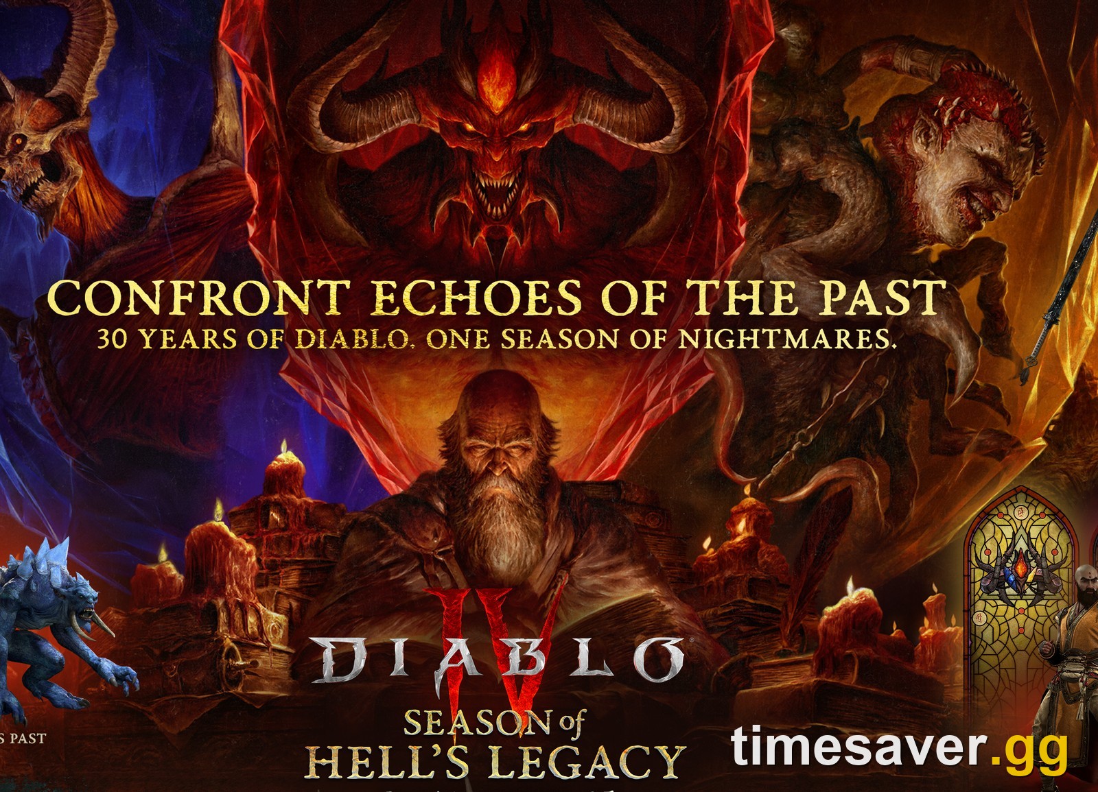 Diablo 4 Season of Hell's Legacy key art with Deckard Cain and the Prime Evils