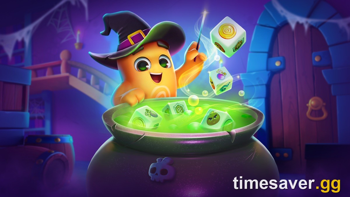 Dice Dreams Spooky Season key art with a witch Peon rolling dice over a cauldron