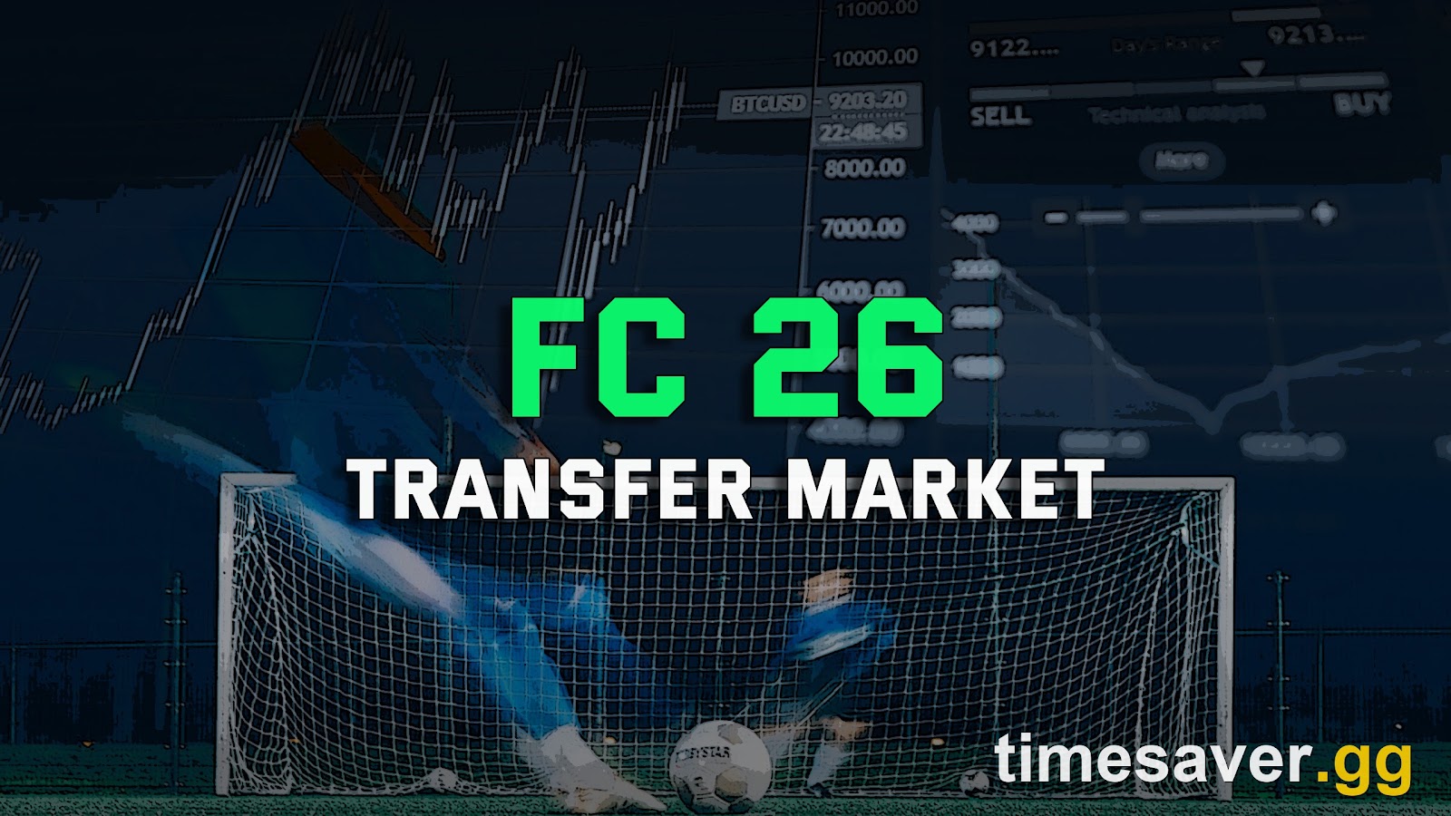 EA FC 26 Ultimate Team transfer market graphic with price charts over a football pitch