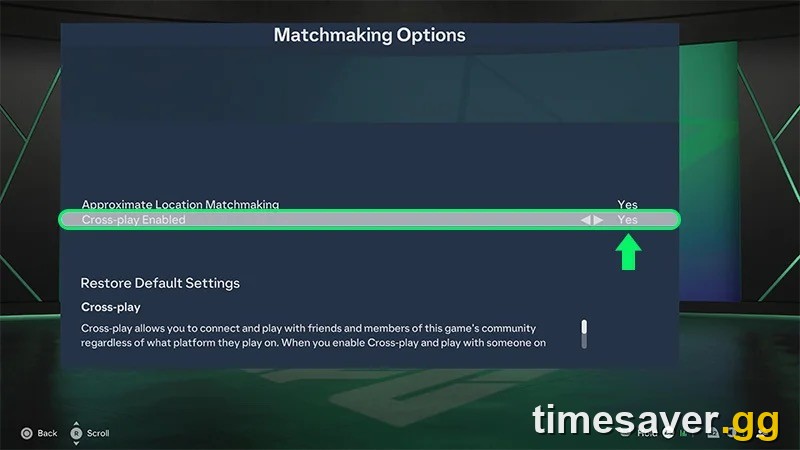EA's own EA SPORTS FC 27 Matchmaking Options screen with the Cross-play Enabled setting highlighted and set to Yes