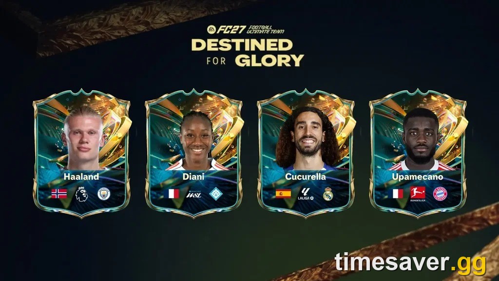 FC 27 Destined for Glory Team 2 promotional card banner showing Haaland, Diani, Cucurella, and Upamecano player cards