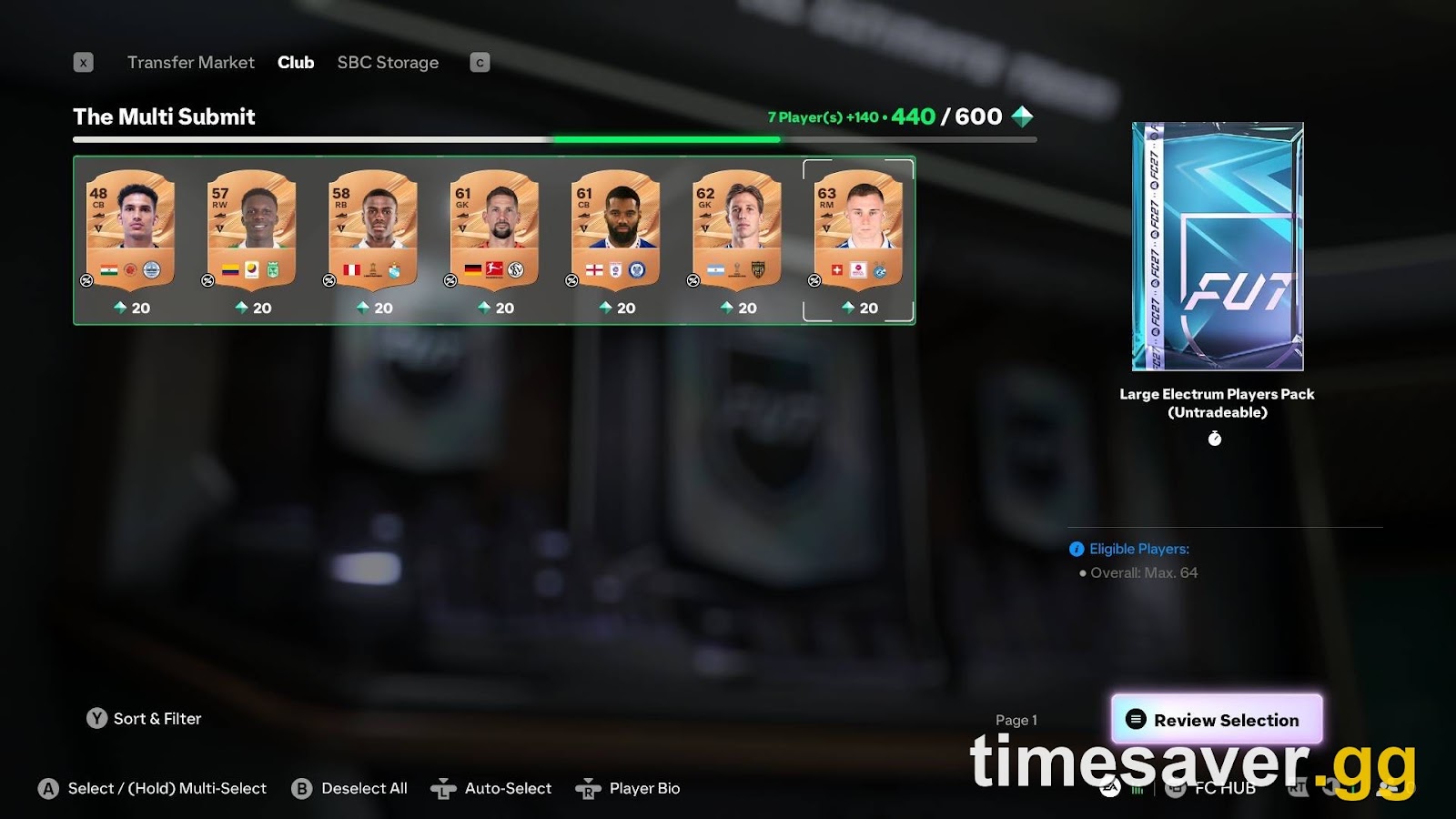 FC 27 Streamlined SBC submission screen showing a 440 out of 600 Item Score counter above a grid of selected player items with green gem score values