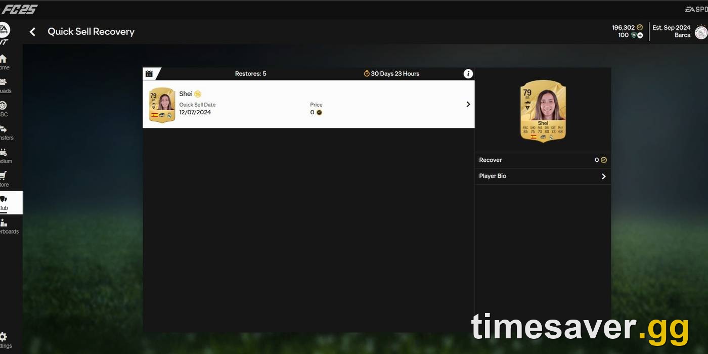 Quick Sell Recovery list in the EA SPORTS FC Web App showing the remaining Restores count, a Quick Sell date and the Recover control