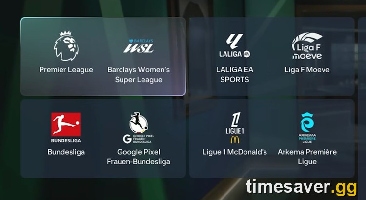 The EA FC 27 Ultimate Team Choose Your League screen showing all four league pairings — Premier League with Barclays Women's Super League, LALIGA EA SPORTS with Liga F Moeve, Bundesliga with Google Pixel Frauen-Bundesliga, and Ligue 1 McDonald's with Arkema Première Ligue