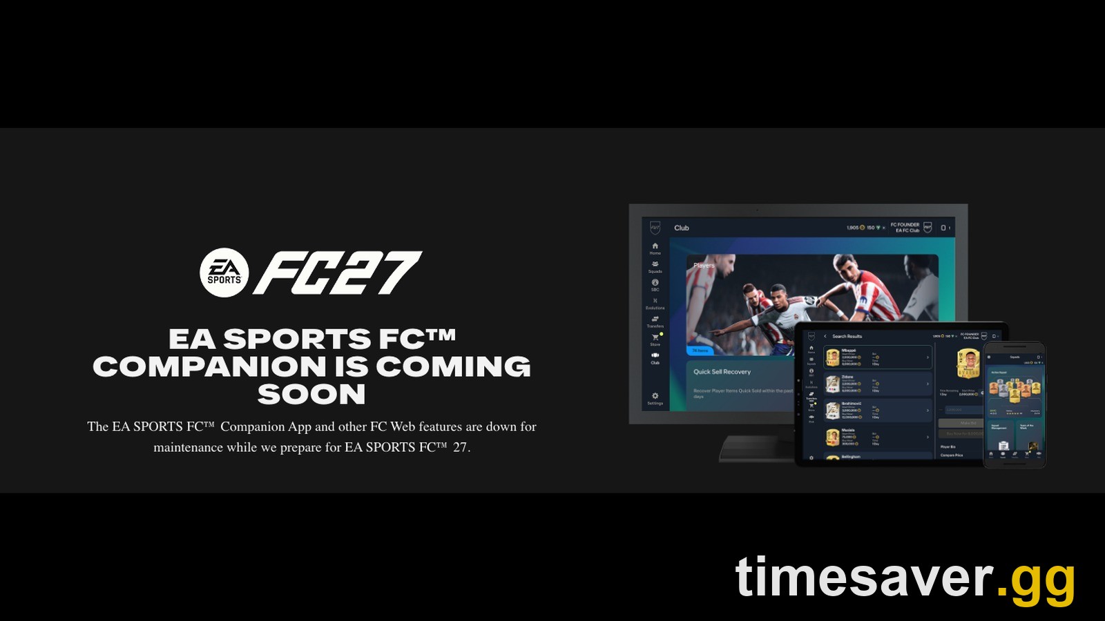 The EA SPORTS FC Ultimate Team web page showing the COMPANION IS COMING SOON maintenance message before the FC 27 Web App opens