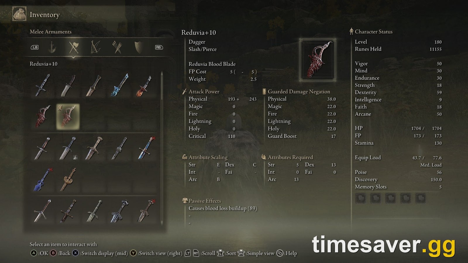 Reduvia dagger and its Reduvia Blood Blade skill in the Elden Ring inventory screen
