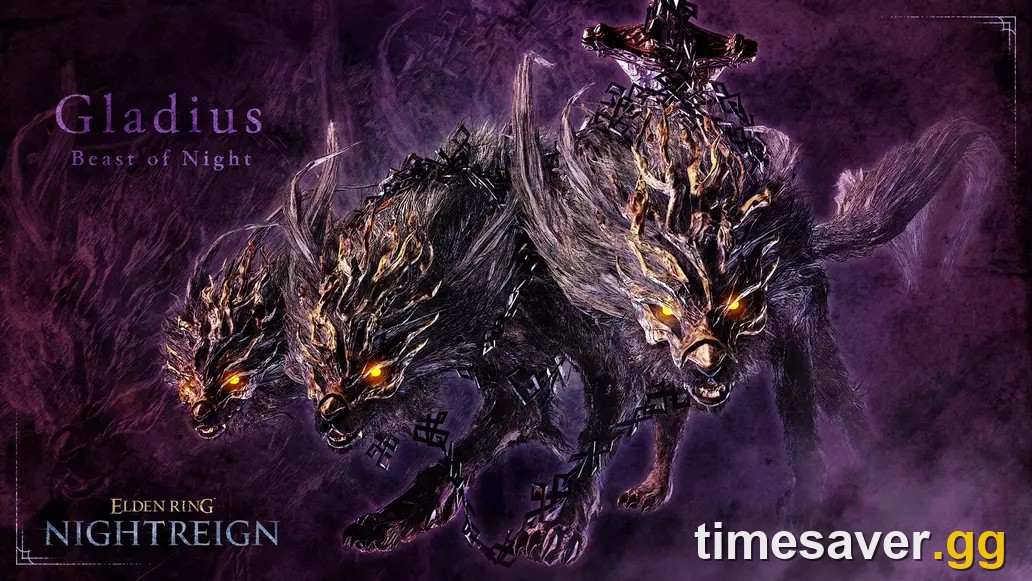 Official Gladius, Beast of Night splash art, a three-headed wolf Nightlord carrying a chained sword, from the Tricephalos expedition in Elden Ring Nightreign