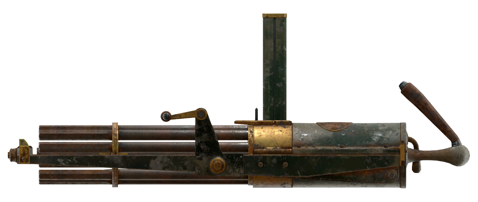 Fallout 76 Gatling Gun weapon render — hand-cranked rotary barrel heavy gun