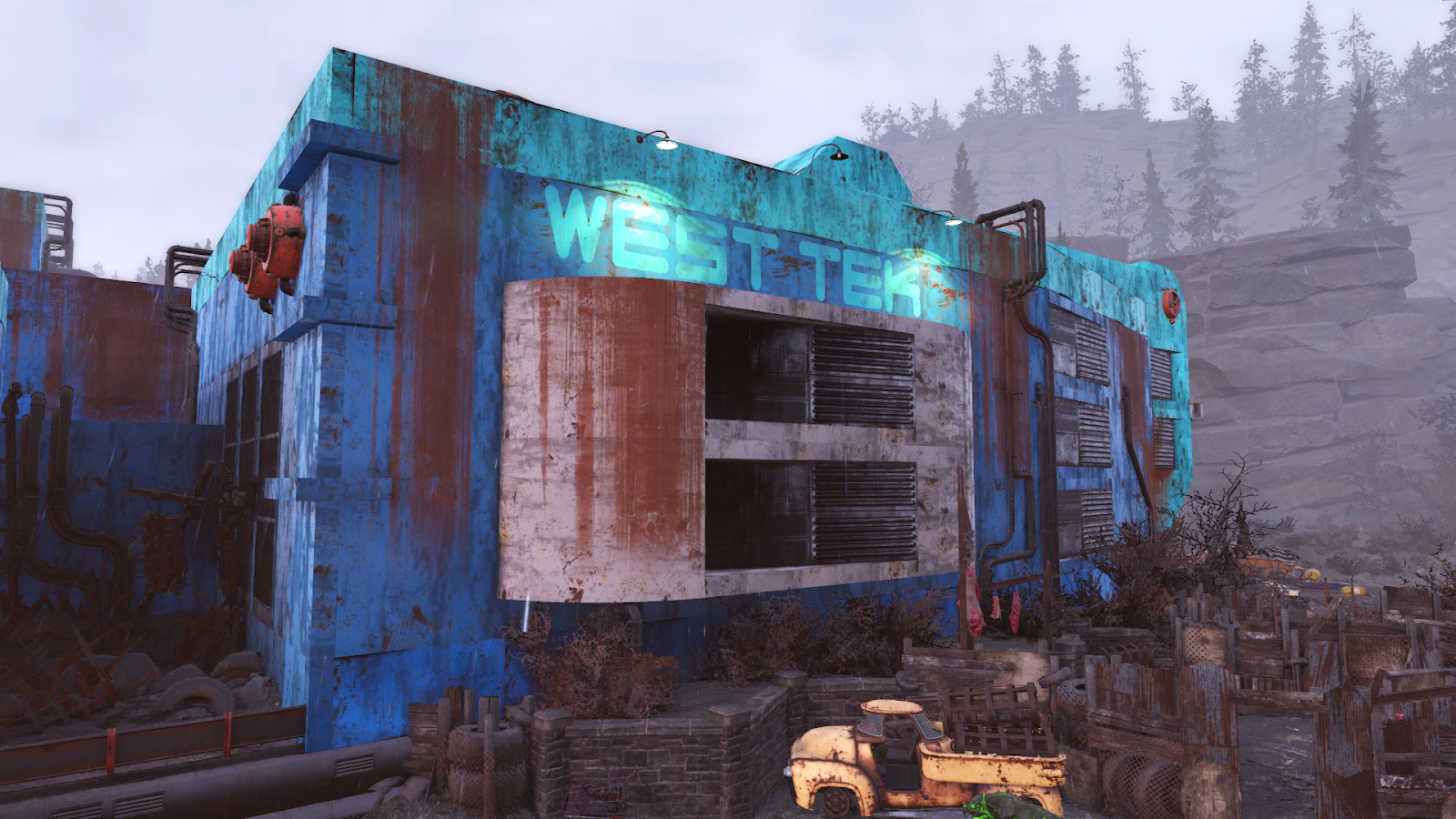 West Tek Research Center exterior in Fallout 76 — Super Mutant-packed facility in the Savage Divide, the top XP farm location in 2026