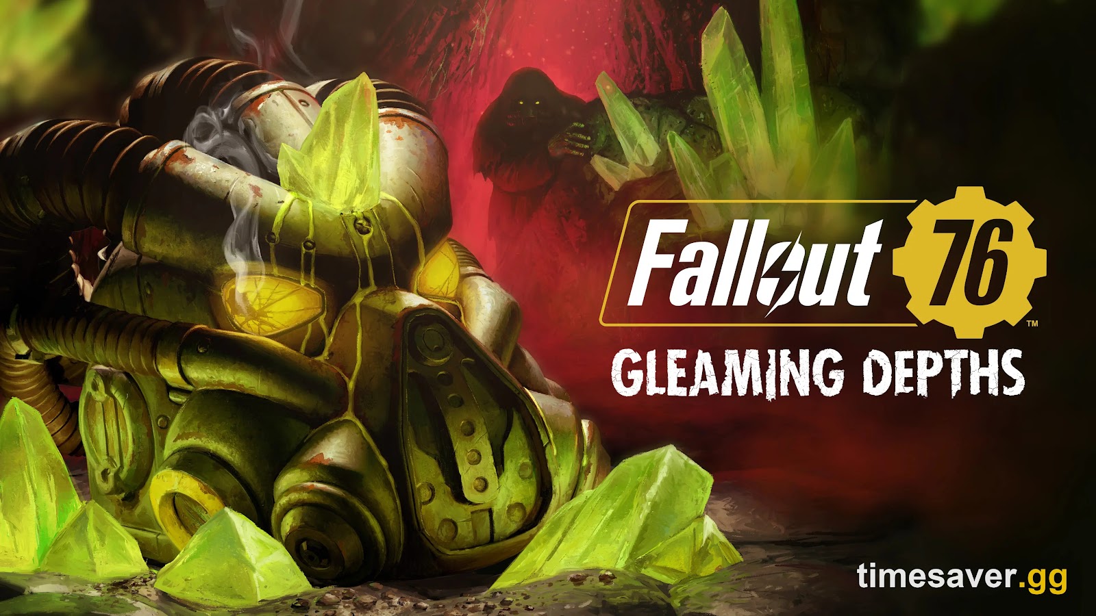 Fallout 76 Gleaming Depths key art showing power armor and raid boss surrounded by glowing crystals