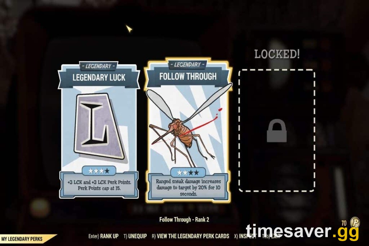 Fallout 76 My Legendary Perks menu showing equipped cards, a locked slot and a Perk Coin balance