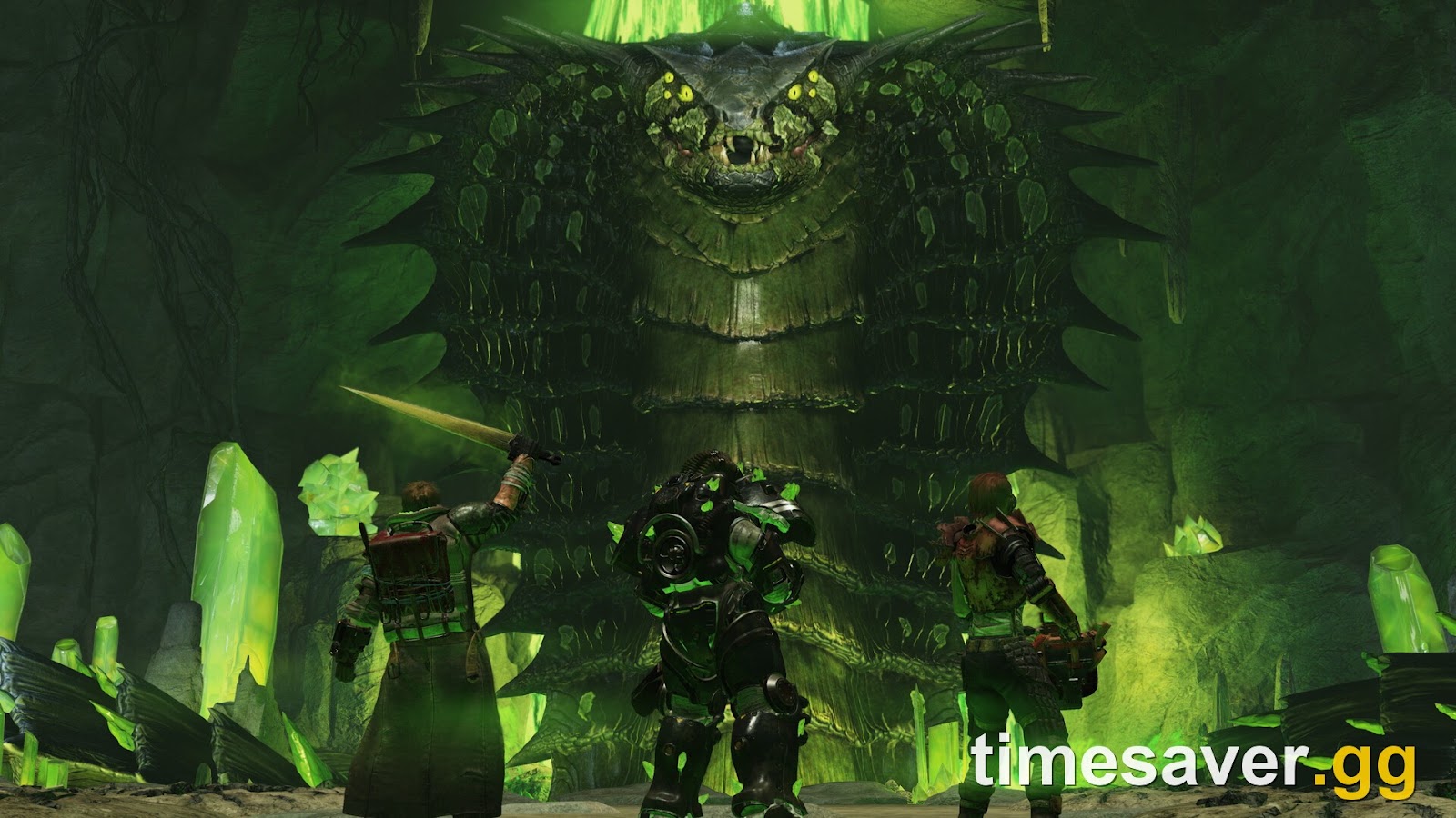 Three Fallout 76 players in the Gleaming Depths raid, a team encounter from Season 26