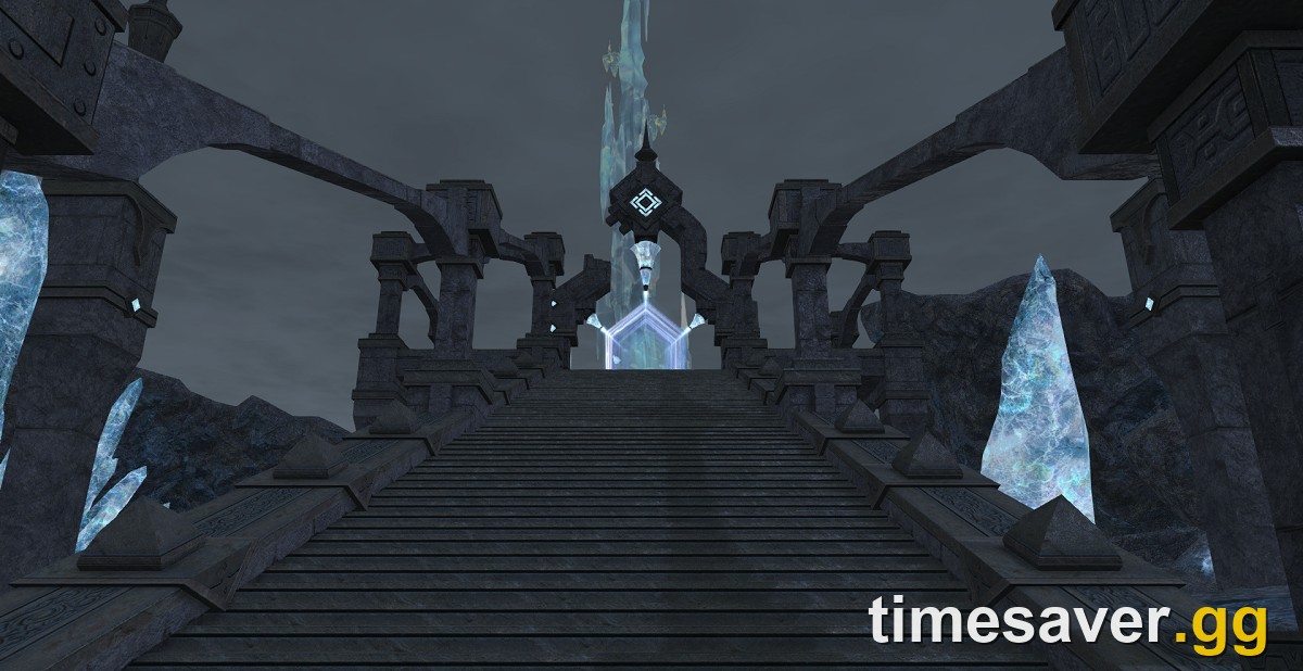 The icy crystalline interior of Eureka Orthos in FFXIV — the Endwalker deep dungeon and the highest gil-per-hour of the four