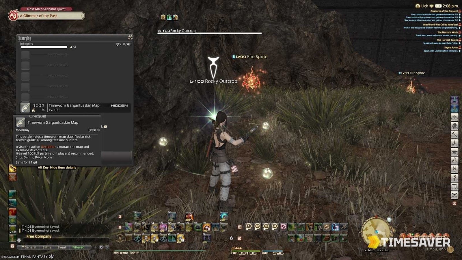 Finding a Timeworn Gargantuaskin Map (grade 18, level 100) while gathering in FFXIV — the start of every treasure-map gil run
