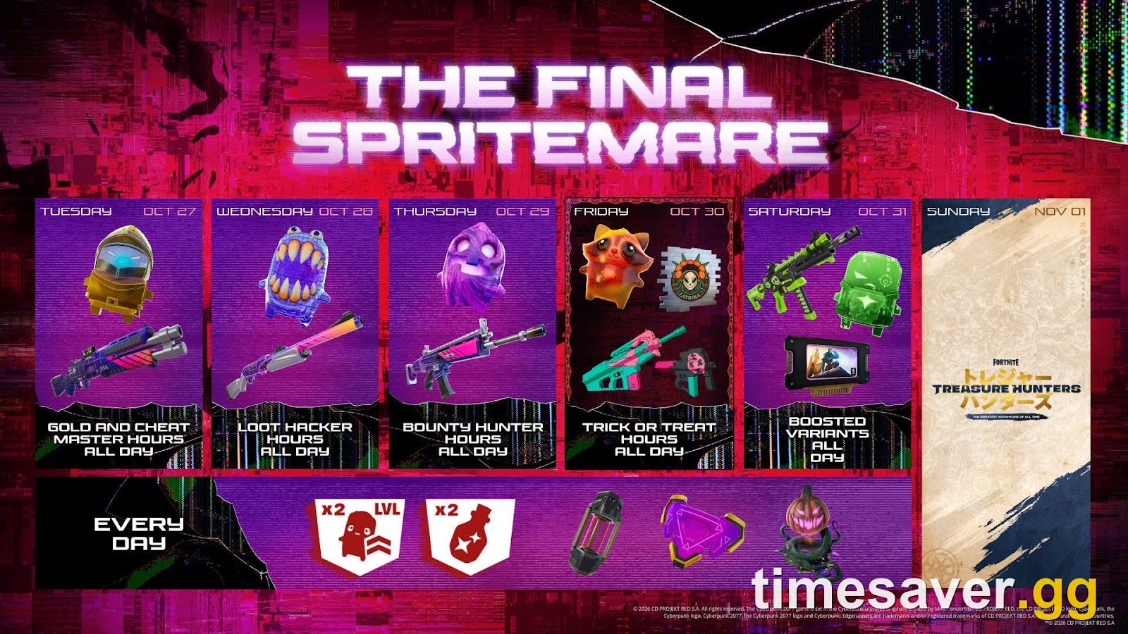 The Final Spritemare official schedule art from Epic Games showing each day from Tuesday 27 October to Saturday 31 October 2026 in Fortnite Chapter 7 Season 4