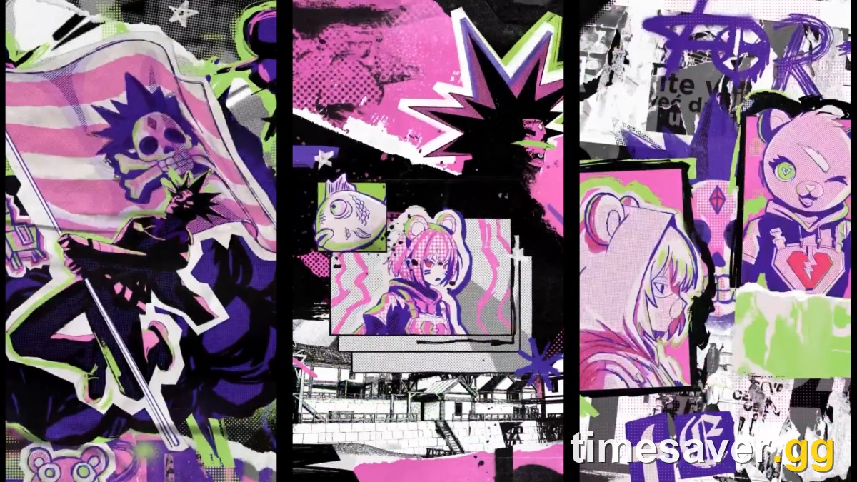 Frames from the official Lil Uzi Vert Fortnite teaser showing the Pink Tape skull flag, an anime-style Syd and Cuddle Team Leader