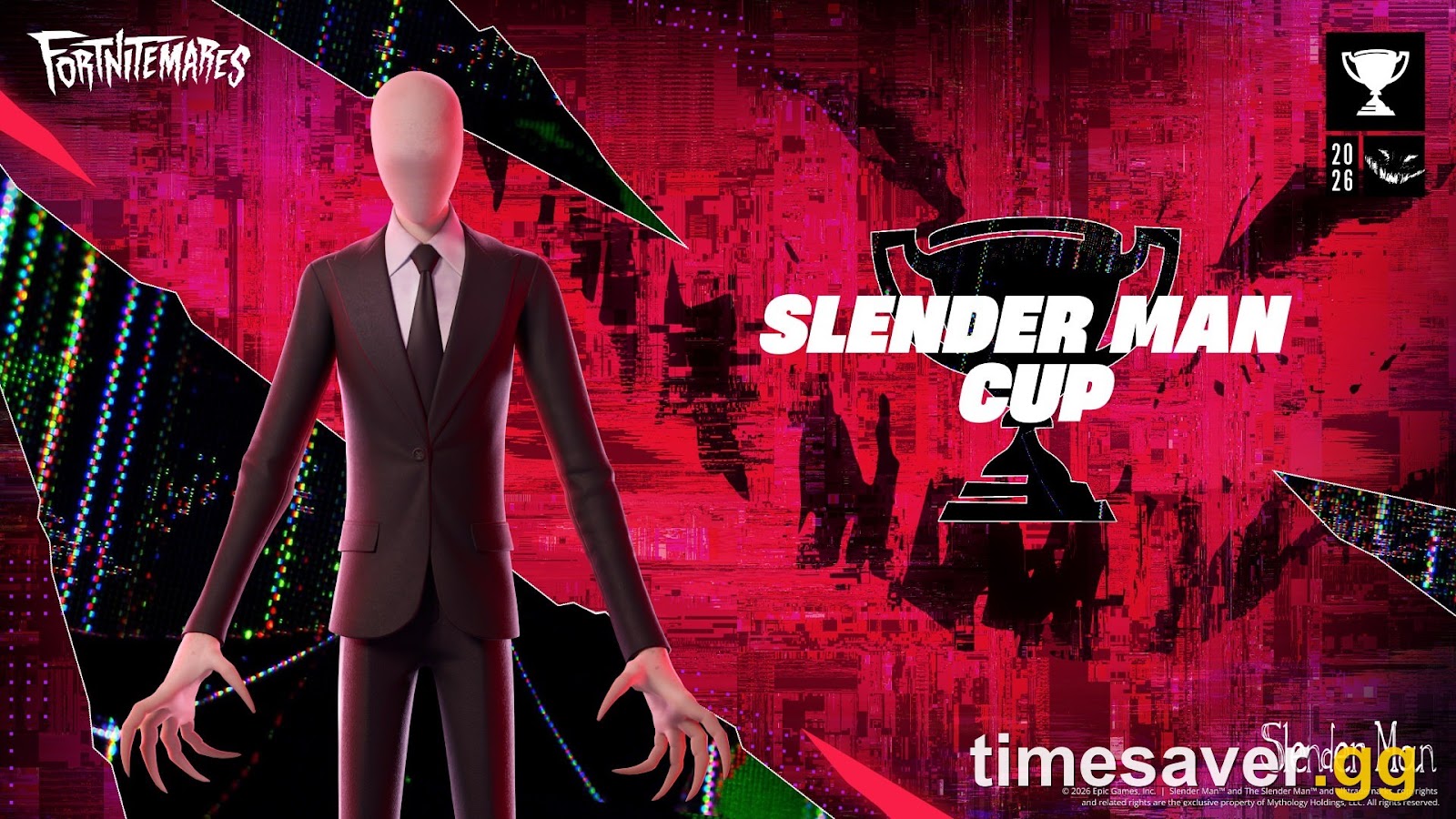 Official Fortnitemares 2026 Slender Man Cup key art showing the Slender Man outfit
