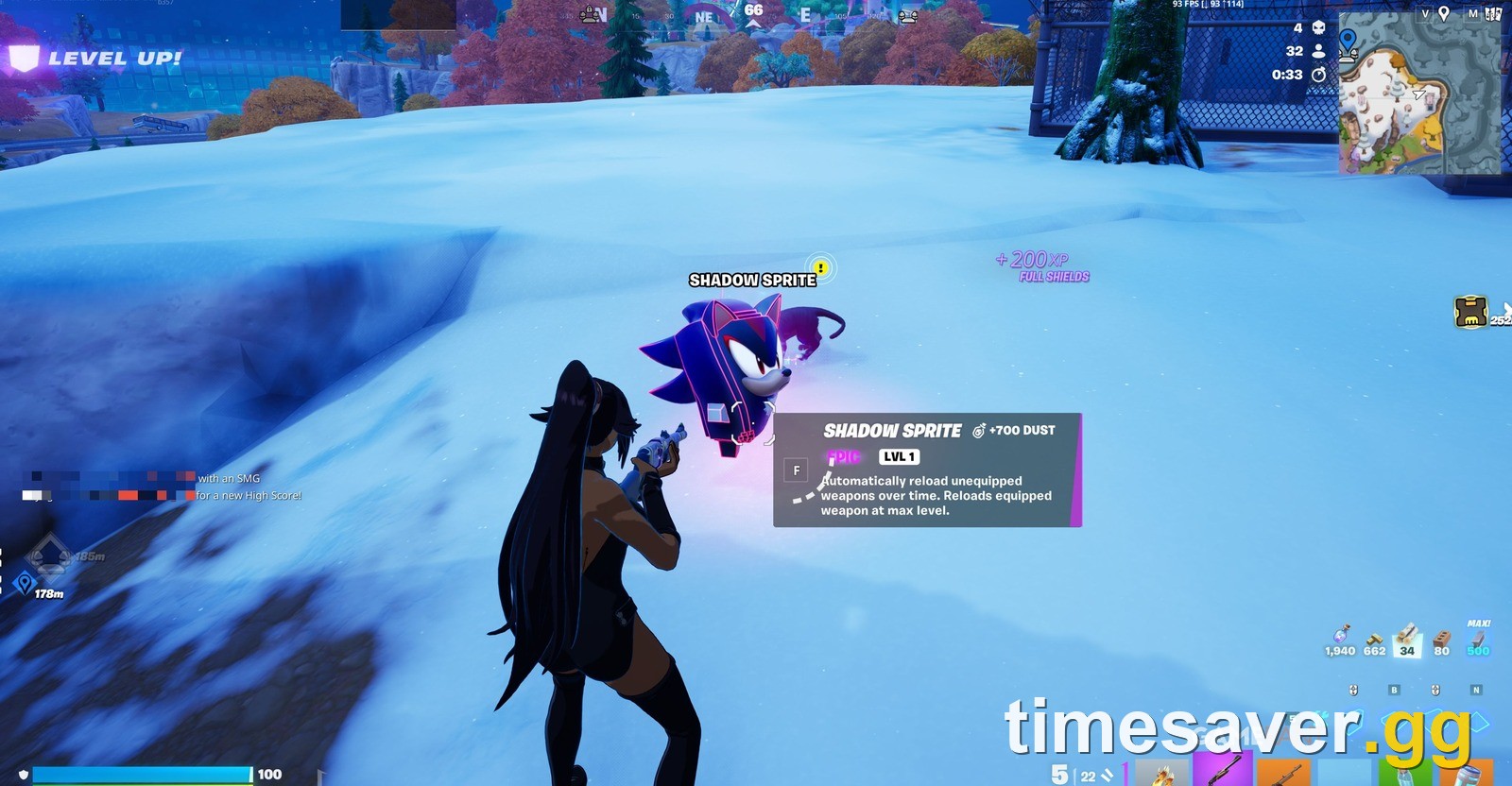 Fortnite Chapter 7 Season 4 Override Shadow Sprite equipped and floating beside the player mid-match, with a Level Up banner on screen