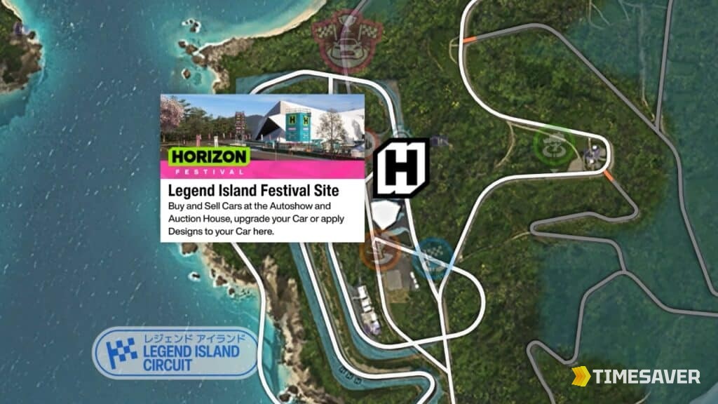 Forza Horizon 6 Legend Island map with the Legend Island Festival Site and circuit marked