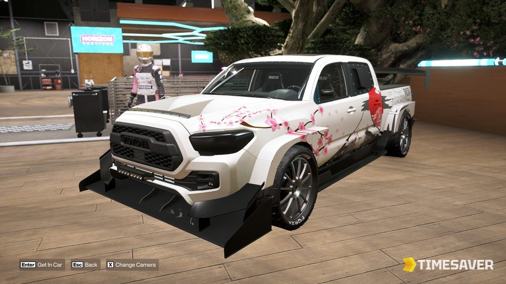Forza Horizon 6 Toyota Tacoma TRD Pro Forza Edition with a cherry-blossom livery at the Horizon Festival — the top AFK credit-farm car
