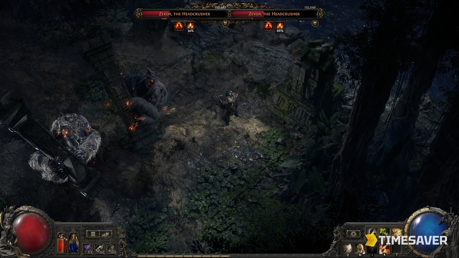 A Path of Exile 2 character unleashing spell effects against a crowd of enemies in a dark dungeon