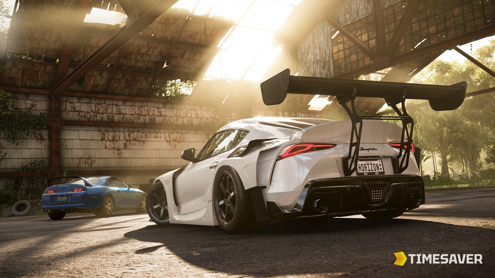 Open-world racing car speeding down a scenic highway at sunset