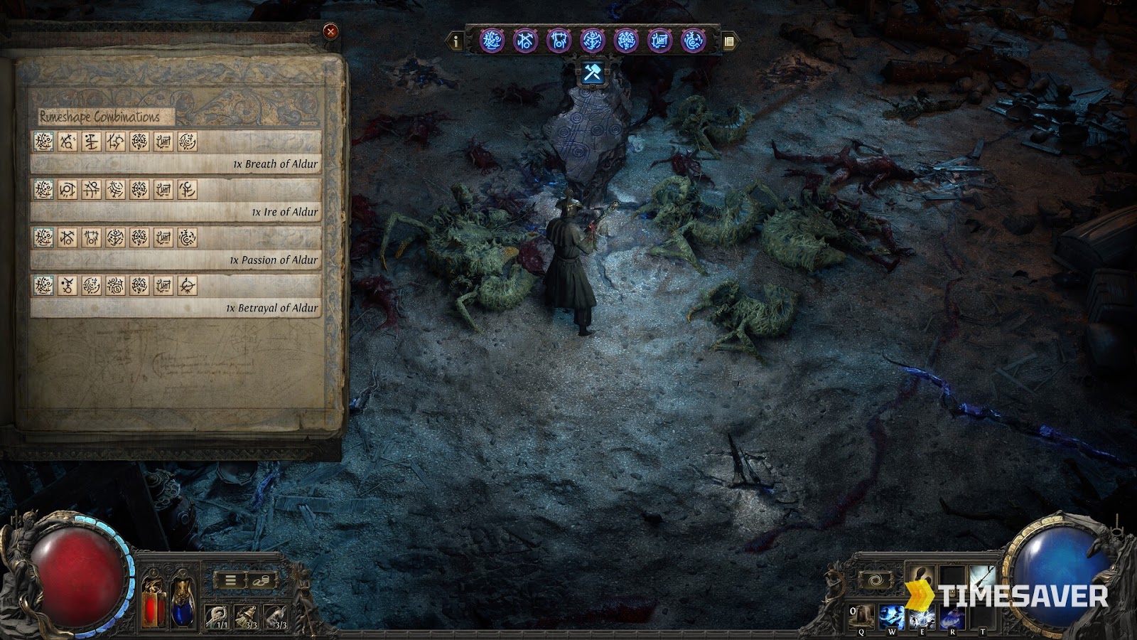 A spellcaster fighting a swarm of enemies in a dark Path of Exile 2 endgame map