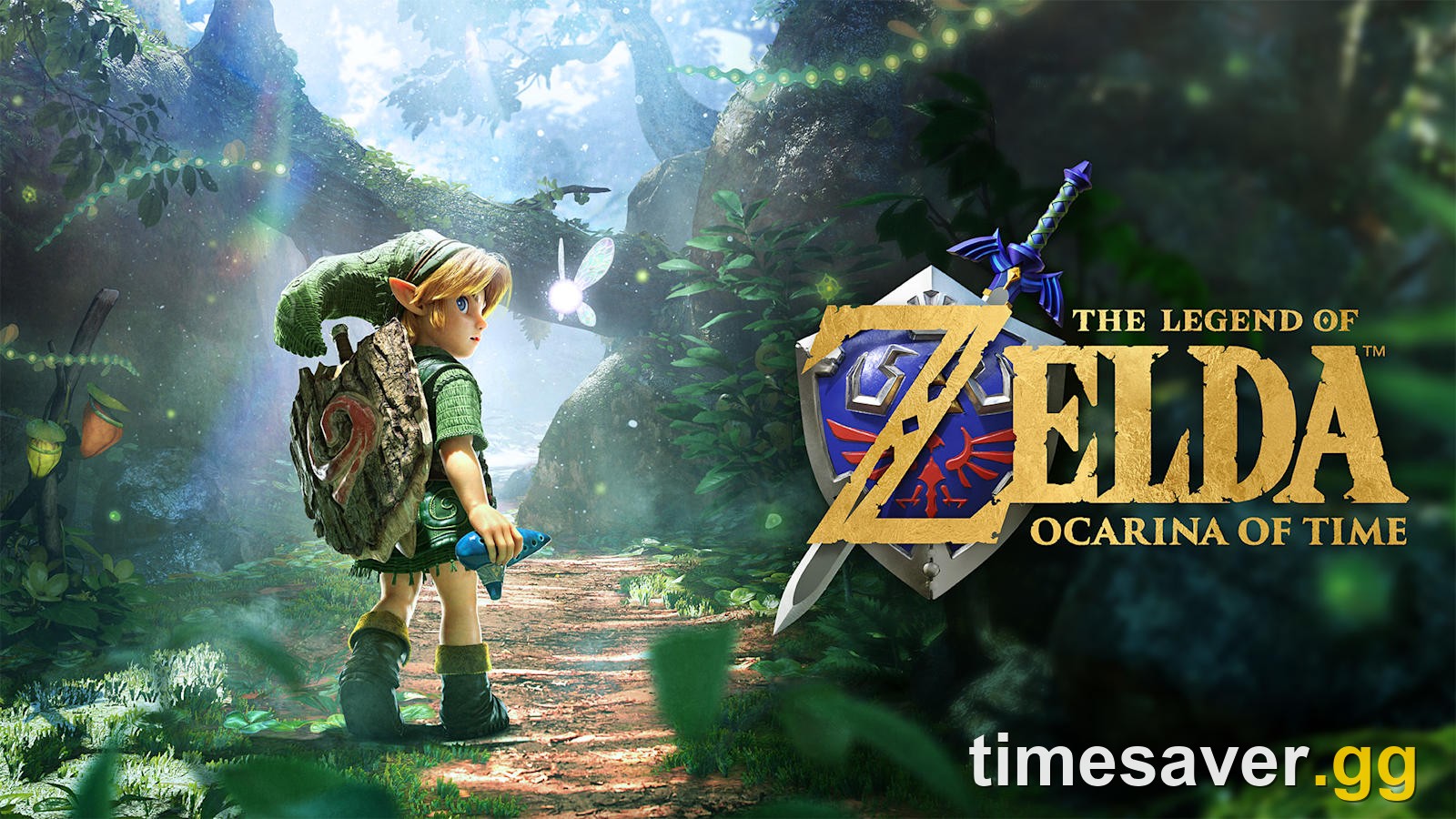 Official key art for The Legend of Zelda: Ocarina of Time on Nintendo Switch 2, young Link with Navi on a forest path