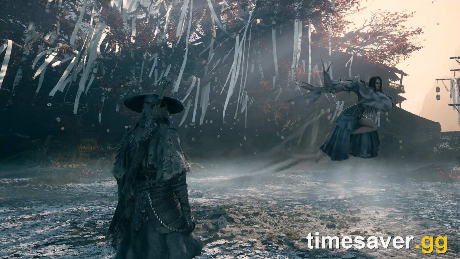 Soul in a straw hat facing a white-haired swordsman across a misty courtyard in Phantom Blade Zero