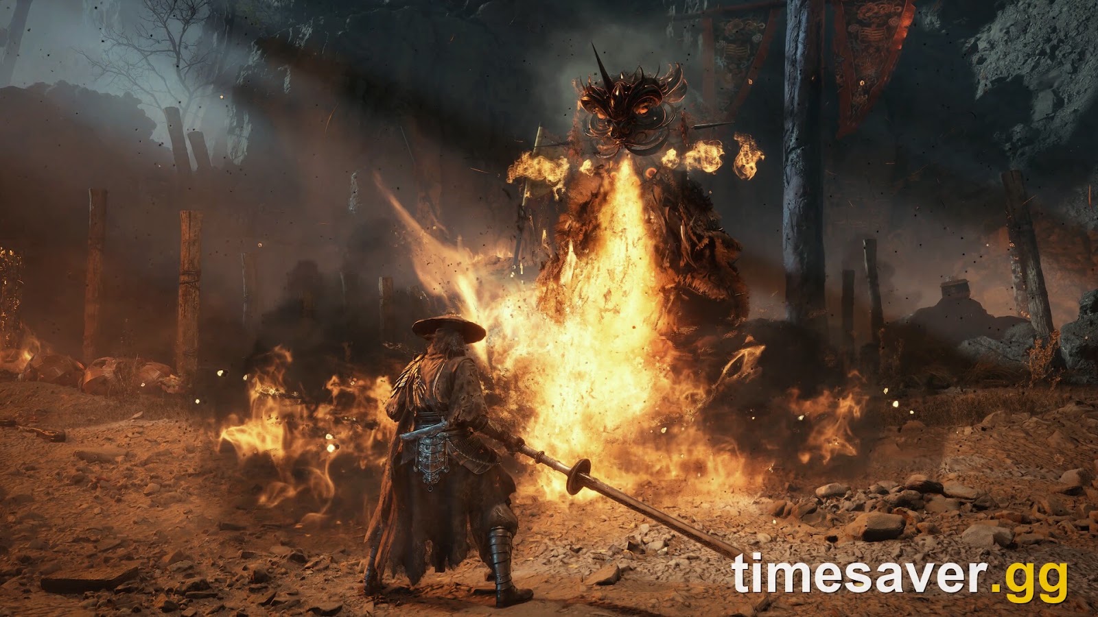 Phantom Blade Zero boss fight against a flaming demon in a dark wuxia arena