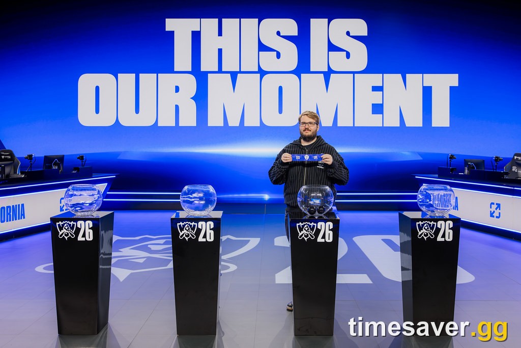 Worlds 2026 Swiss Stage draw on stage with four draw bowls under a This Is Our Moment screen