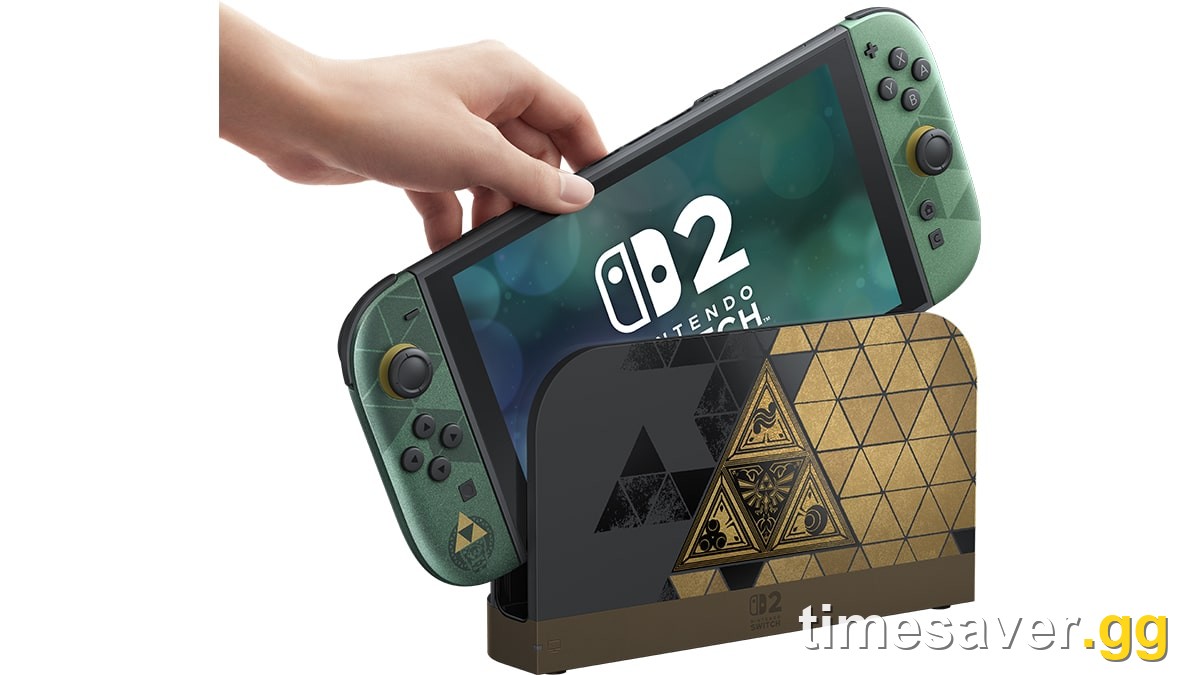 Nintendo Switch 2 The Legend of Zelda 40th Anniversary Edition being lifted from its black and gold Triforce dock, official Nintendo product photo