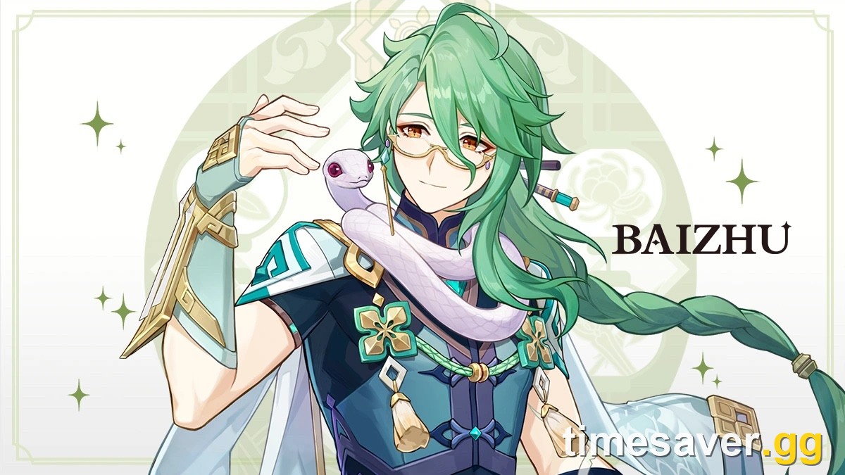 Baizhu, the five-star Dendro Catalyst healer from Genshin Impact, with his white snake Changsheng on his shoulder in his official introduction art
