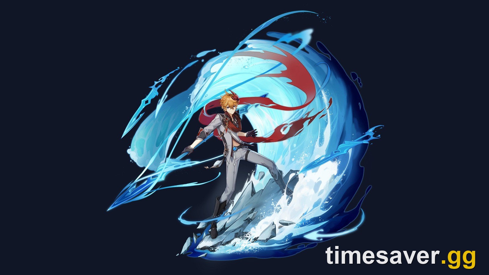 Tartaglia (Childe), the five-star Hydro Bow user from Genshin Impact, in his official wish artwork with Hydro blades