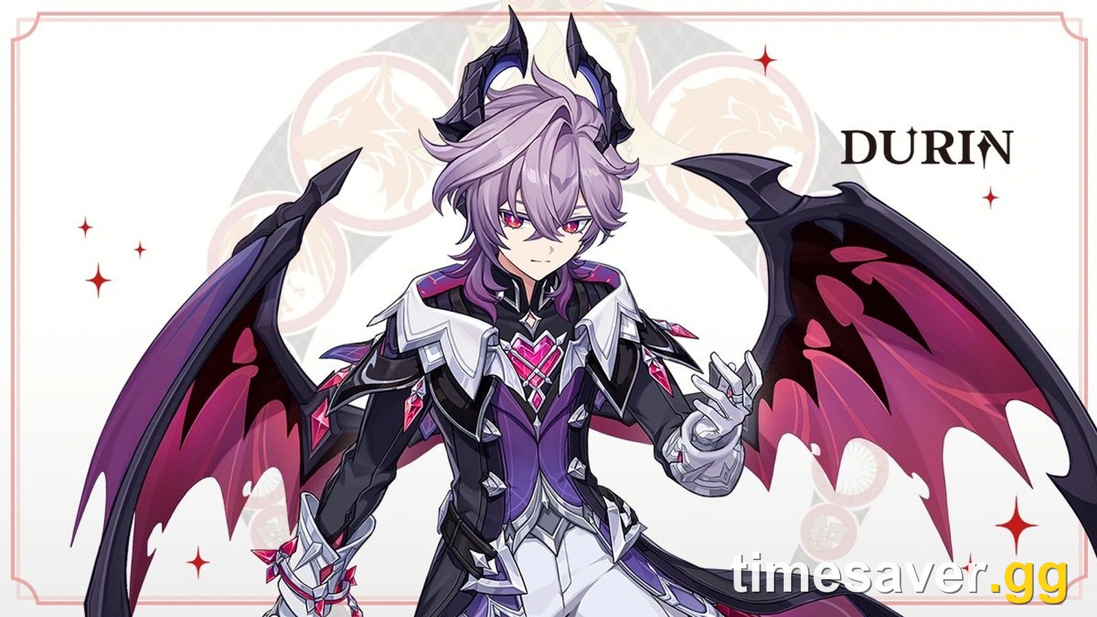 Durin, the five-star Pyro Sword Hexerei character from Genshin Impact, in his official introduction art with dragon wings