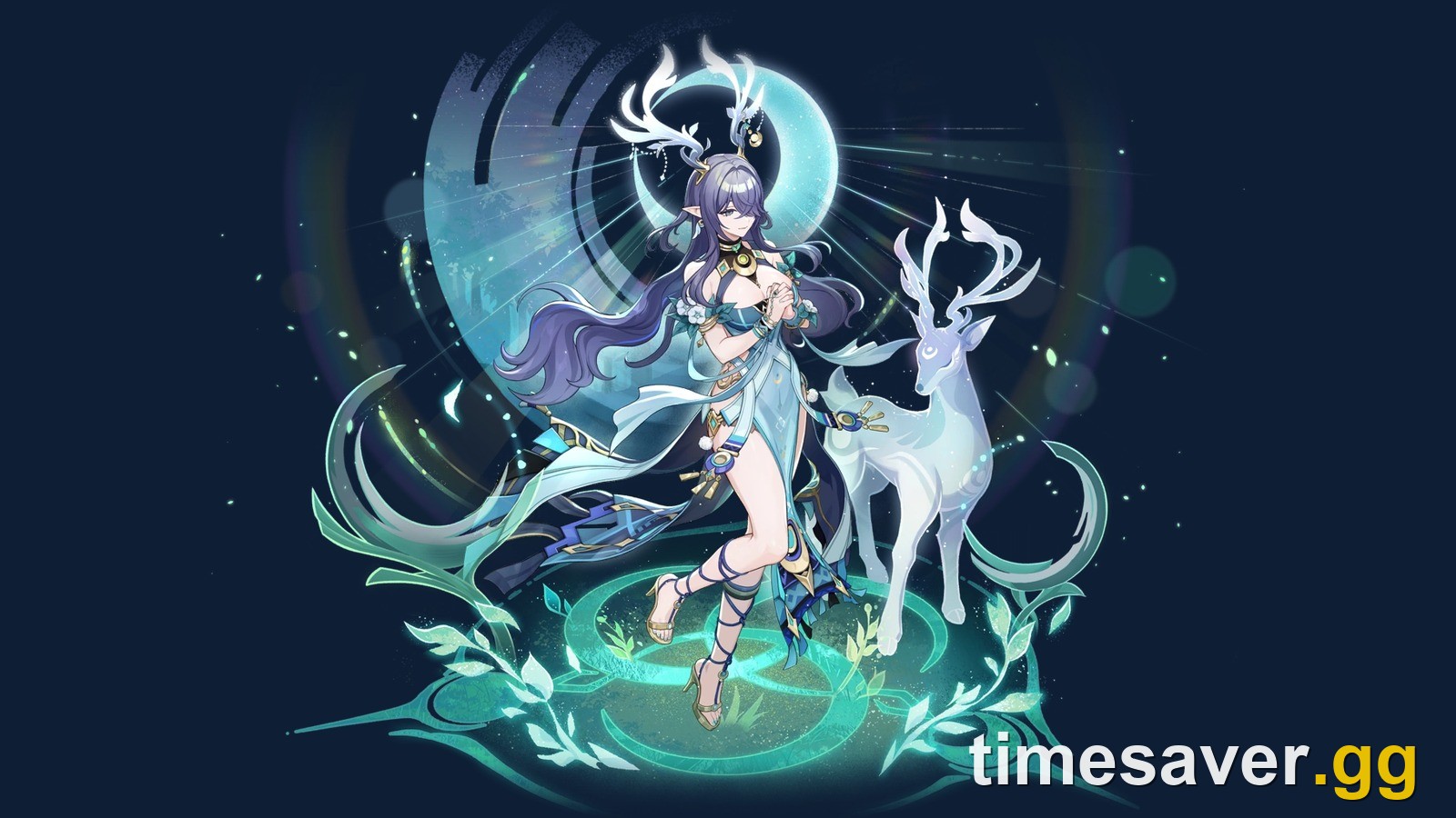 Lauma, the five-star Dendro Catalyst character from Genshin Impact, in her official wish artwork beside a white stag under a crescent moon