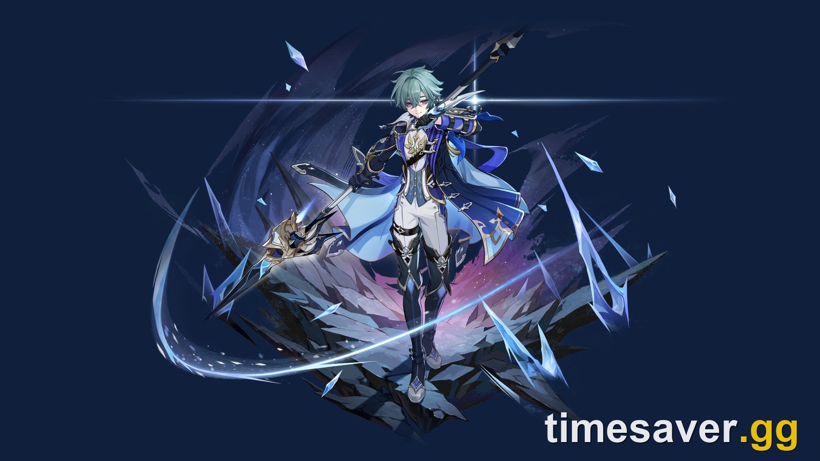 Lohen official wish splash art, the 5-star Cryo Polearm character of the Knights of Favonius, surrounded by ice shards
